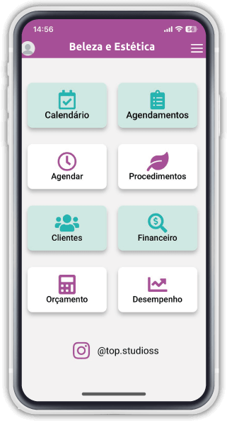 Captura da tela inicial do TopStudios, mostrando o menu com as funcionalidades do aplicativo, incluindo agendamento, controle financeiro, envio de orçamentos e relatórios de desempenho.